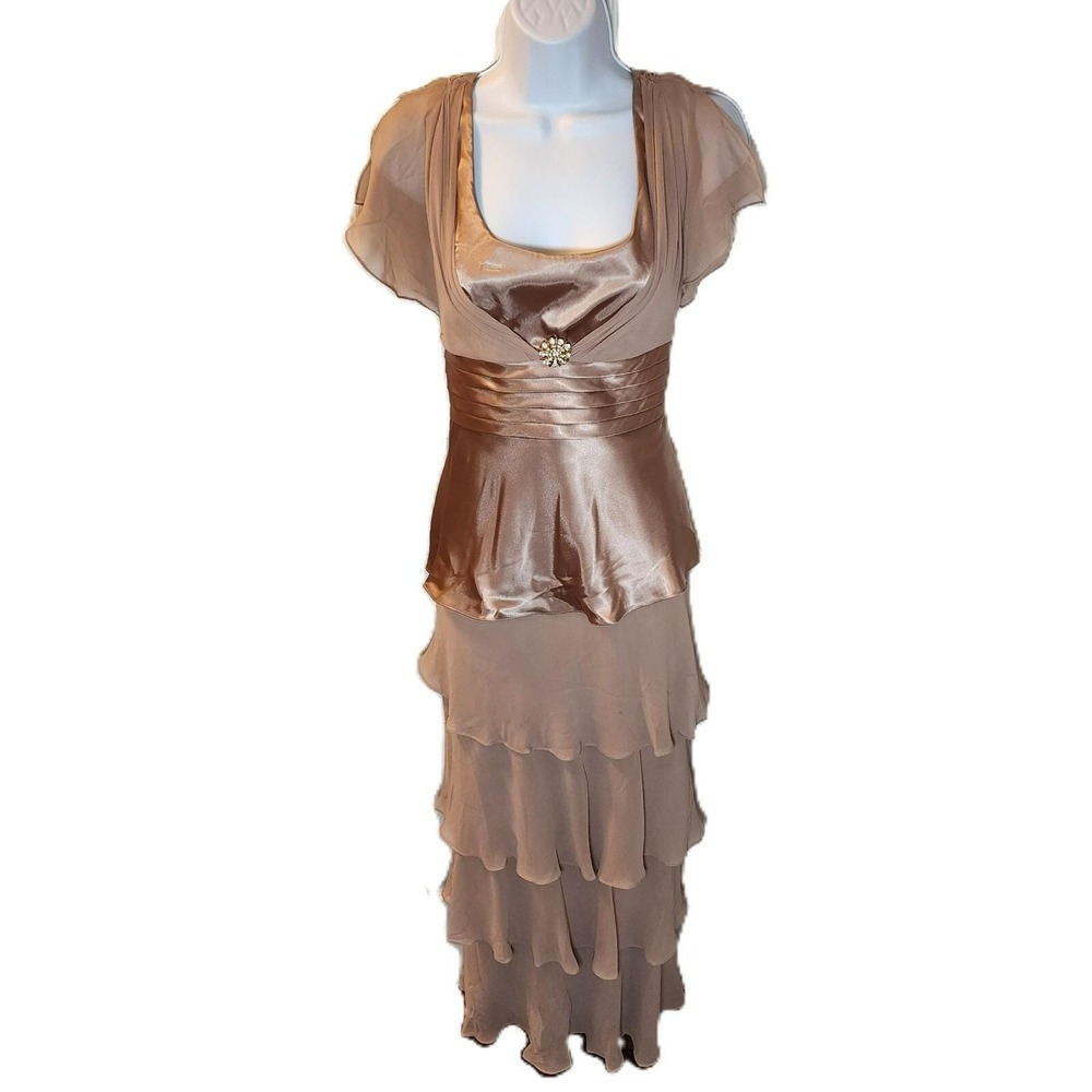 Patra Gown 8 Brown Champagne Satin Tiered Maxi Beaded Formal Evening Dress